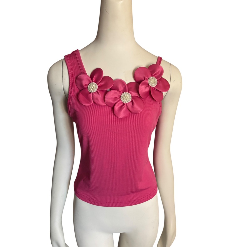 Hot Pink Ribbed Tank Top Pearl Floral Applique Embellished One Strap Size L
